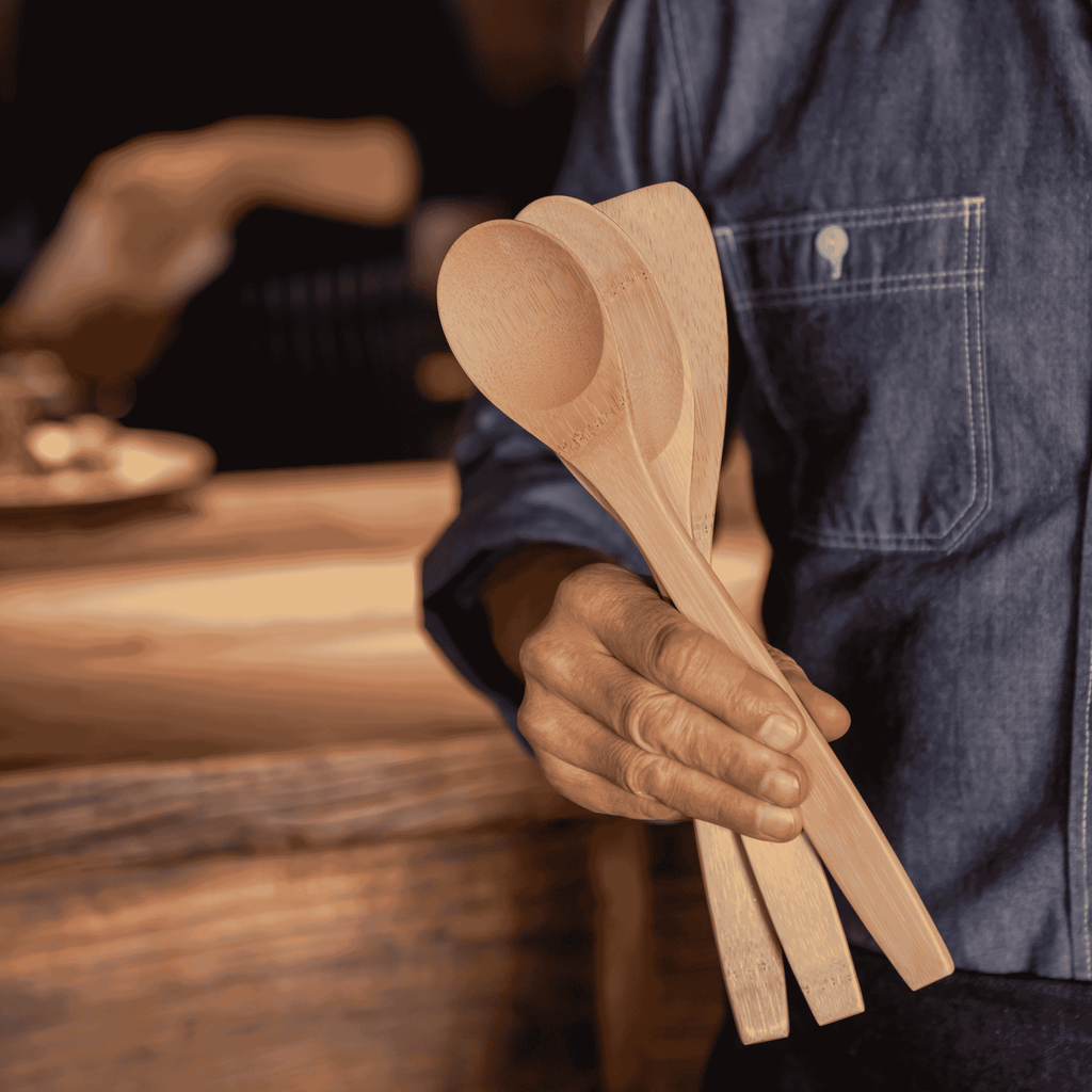 Everyday Home Kitchen Basics, Set of Bamboo Cooking Utensils for daily home and personal routines with cookware food storage and kitchen tools