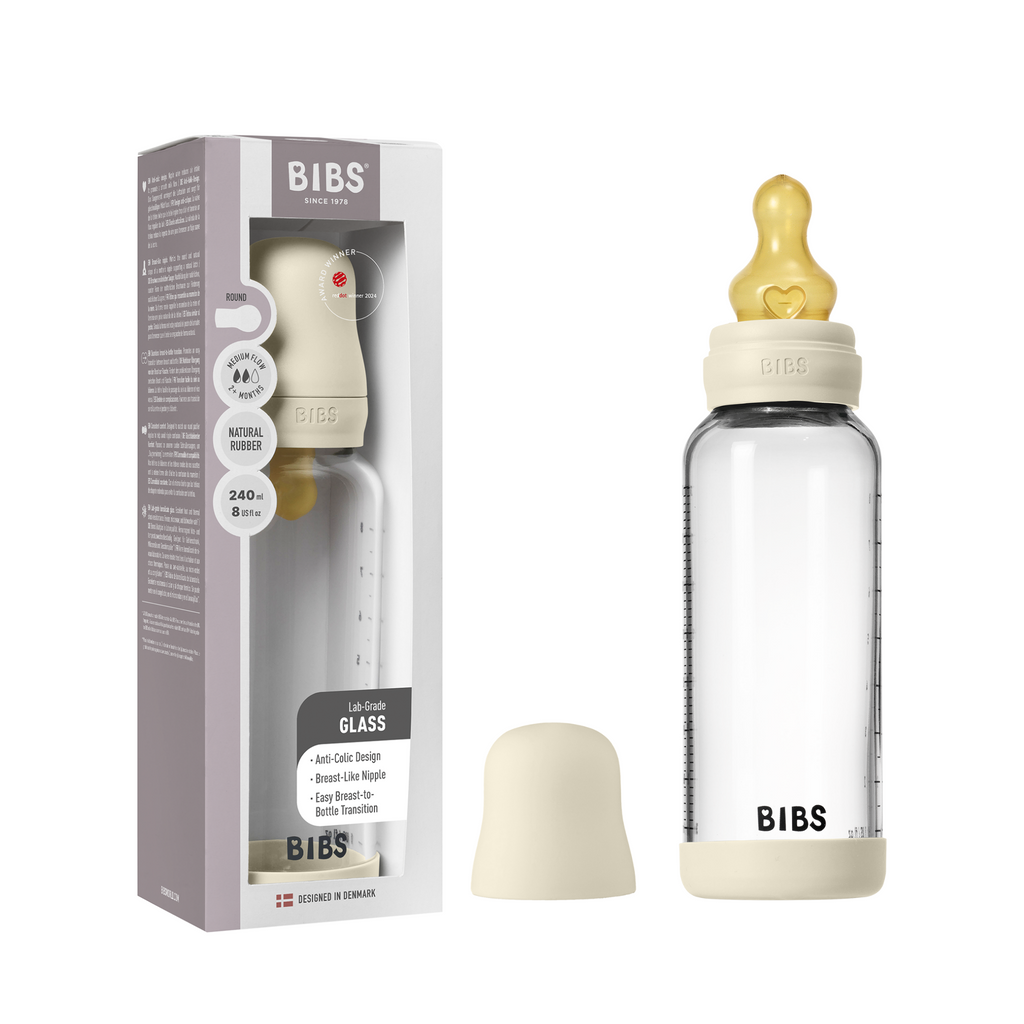 Glass Baby Bottle with Natural Rubber Nipple Set - Medium Flow 2+ Months