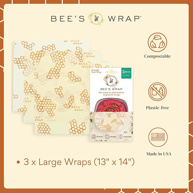 Daily Care Beeswax Wraps for Food - Large for daily home and personal routines with pantry foods and beverages