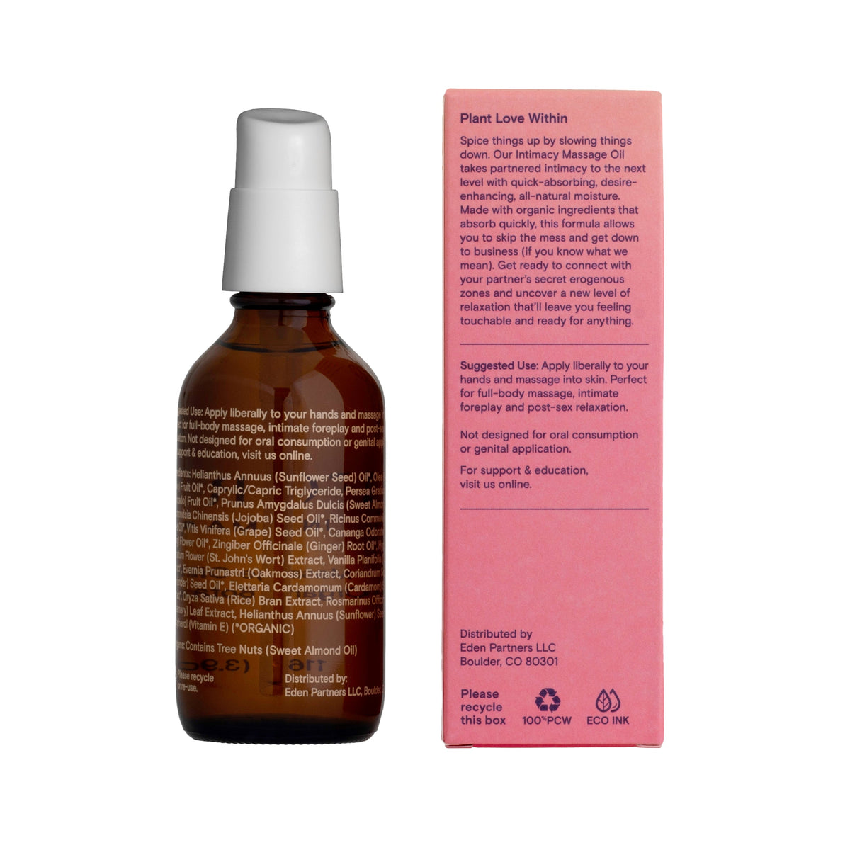 Practical Living Intimacy Massage Oil with Organic Botanicals for daily home and personal routines with pantry foods and beverages
