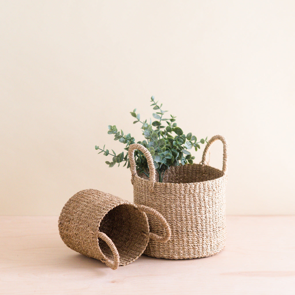 Practical Living Abaca Cylinder Tabletop Basket with Handles, Set of 2 for daily home and personal routines with home organization and everyday goods