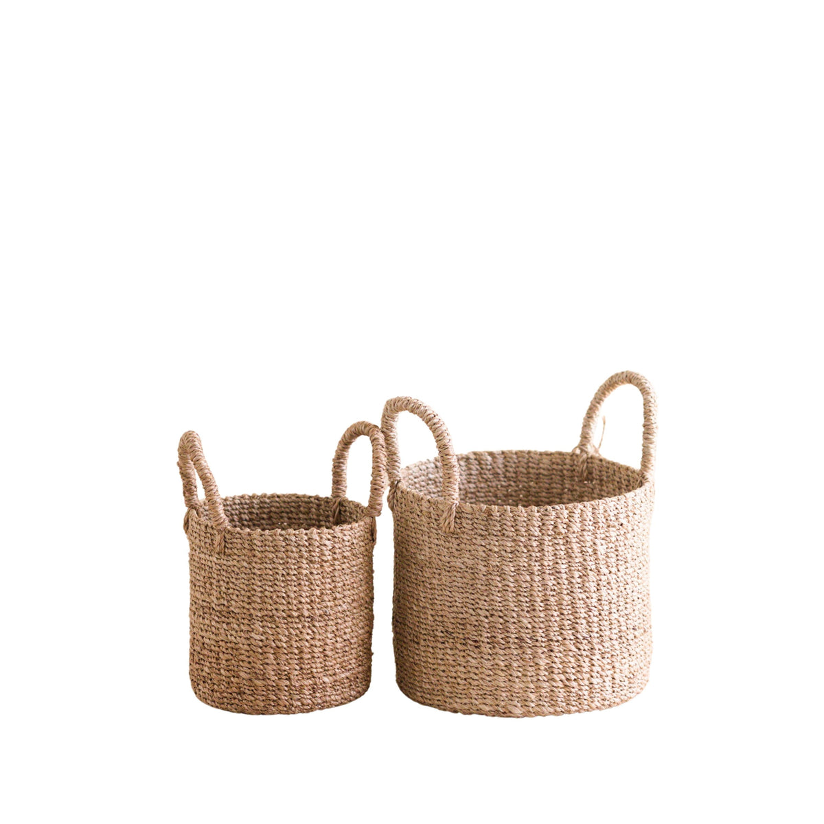 Abaca Cylinder Tabletop Basket with Handles, Set of 2