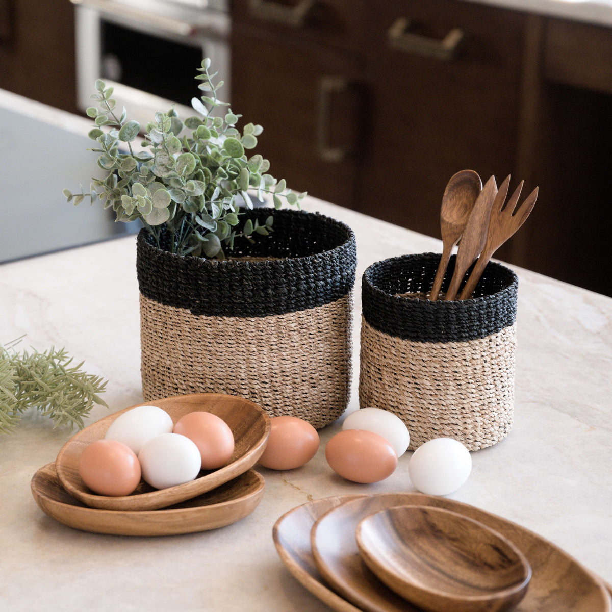 Routine Ready Abaca Cylinder Tabletop Basket, nested set of 2 for daily home and personal routines with home organization and everyday goods