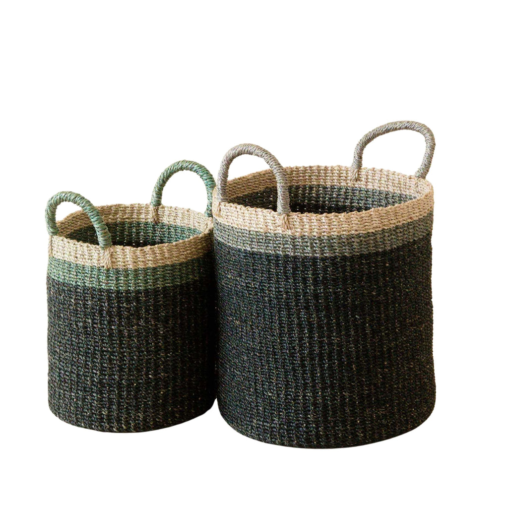 Abaca Cylinder Basket with Handles, Set of 2