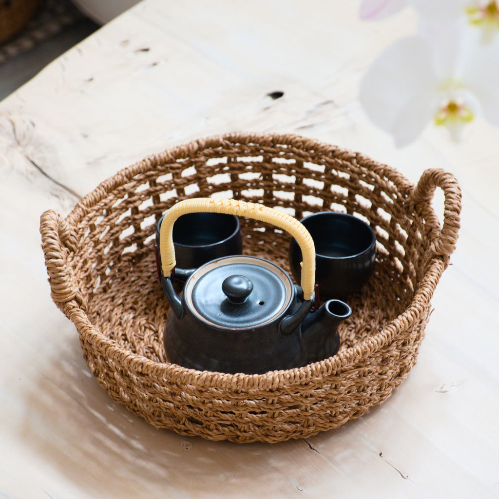 Routine Ready Abaca Round Tray Open Weave with Cutout Handles for daily home and personal routines with home organization and everyday goods