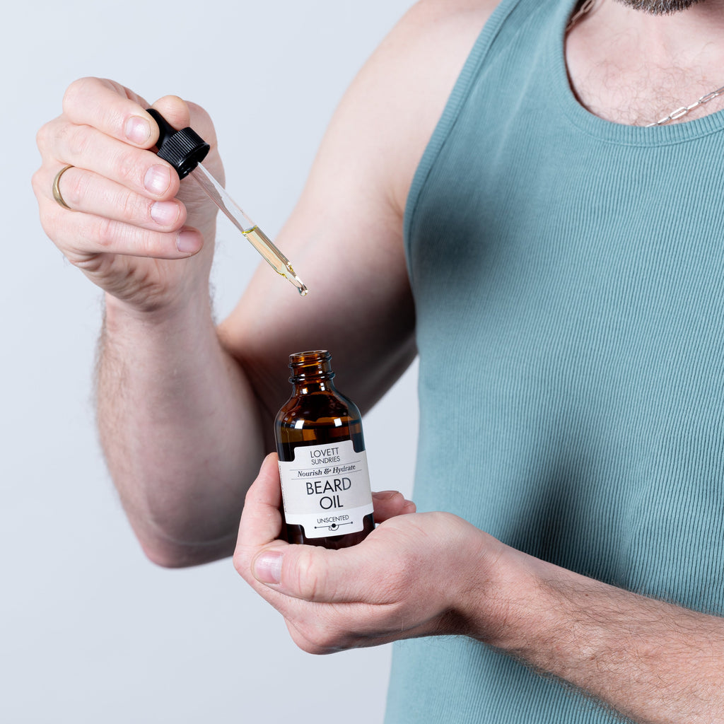 Daily Care Beard Oil for daily home and personal routines with pantry foods and beverages