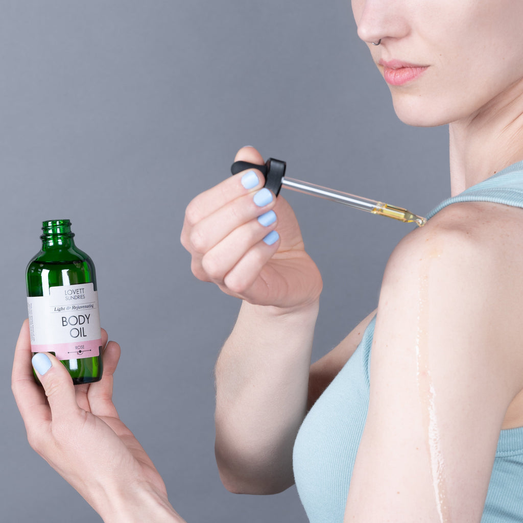 Home Essentials Body Oil for daily home and personal routines with pantry foods and beverages