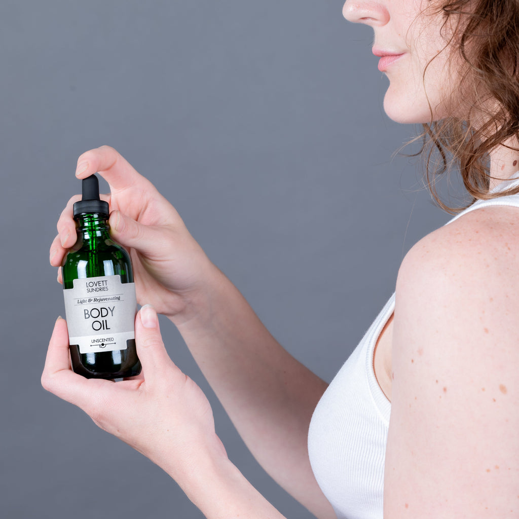 Home Essentials Body Oil for daily home and personal routines with pantry foods and beverages