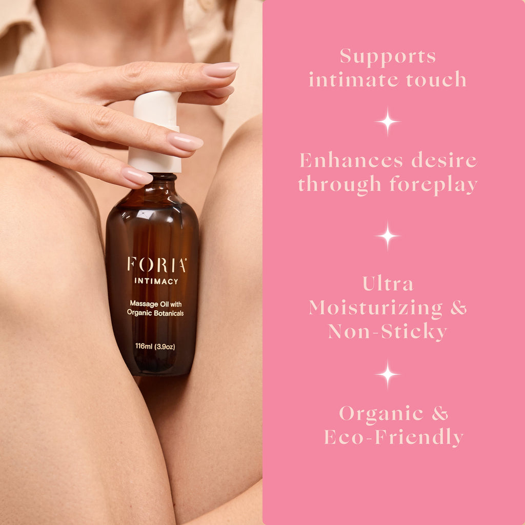 Practical Living Intimacy Massage Oil with Organic Botanicals for daily home and personal routines with pantry foods and beverages