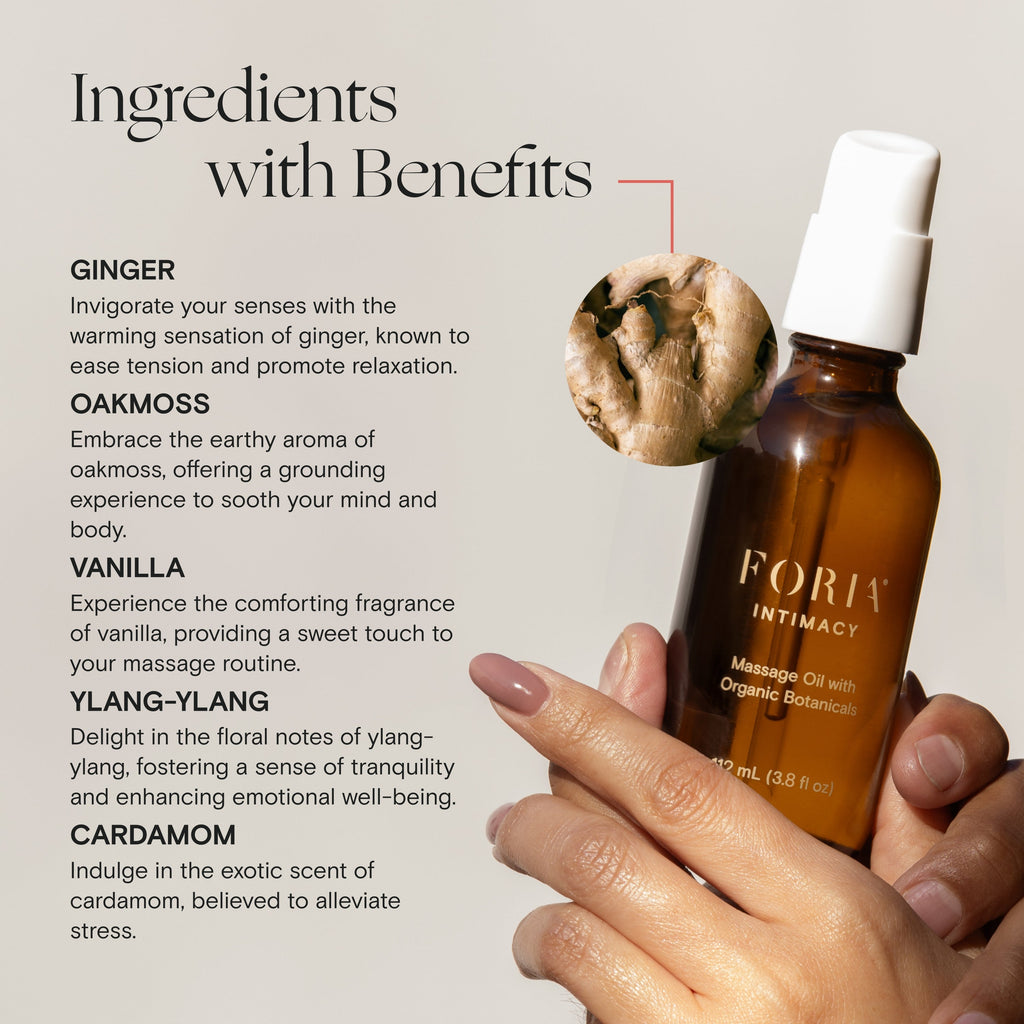 Practical Living Intimacy Massage Oil with Organic Botanicals for daily home and personal routines with pantry foods and beverages