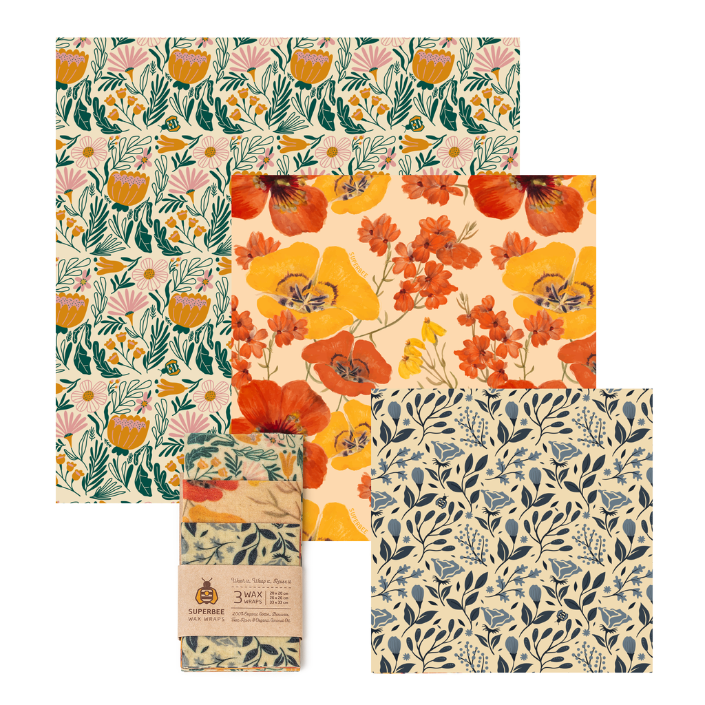 Essentials Beeswax Wraps – 3-Pack Reusable Food Wraps, Floral Prints