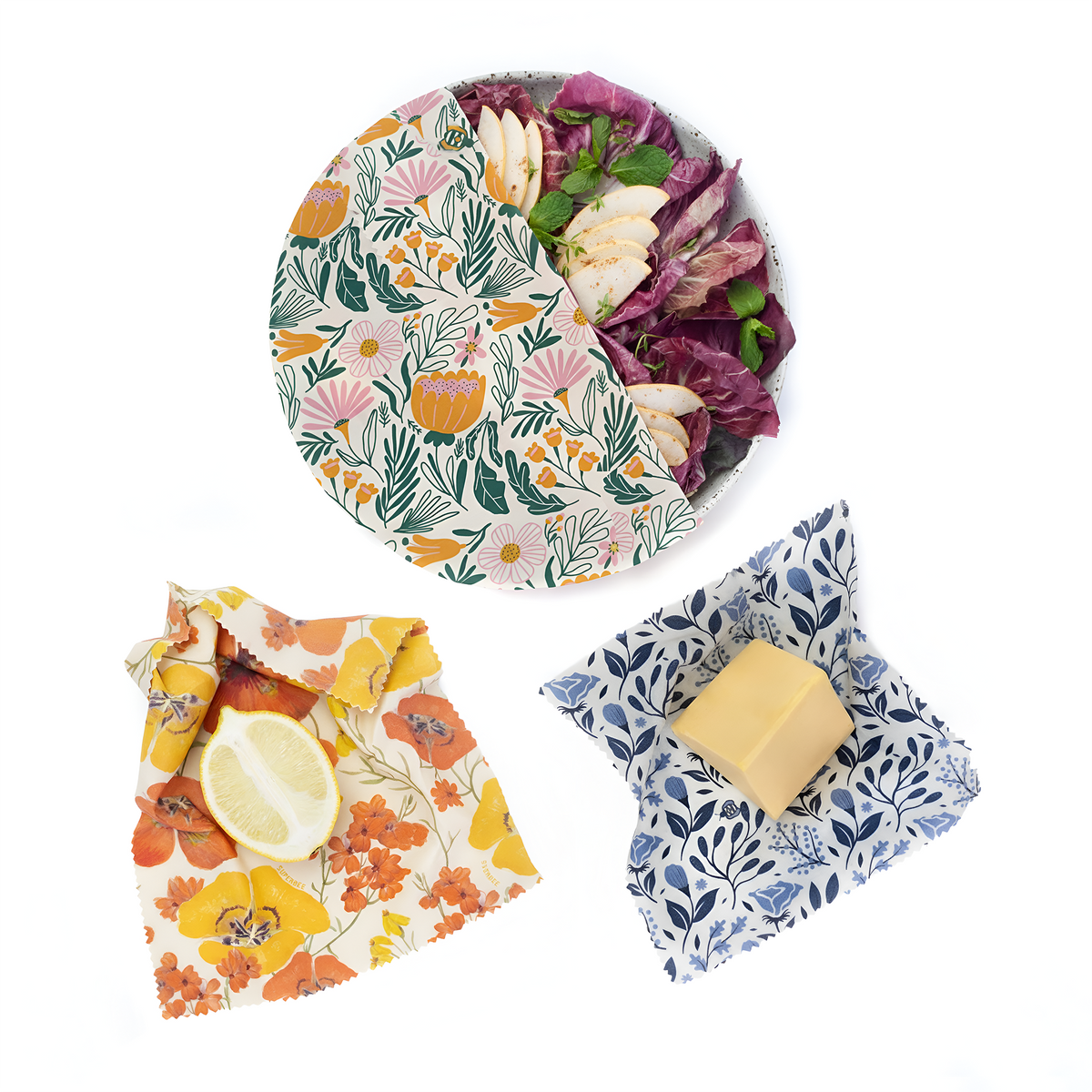Routine Ready Essentials Beeswax Wraps 3-Pack Reusable Food Wraps, Floral Prints for daily home and personal routines with oral care