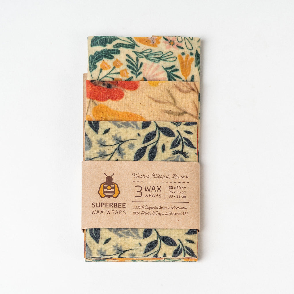 Routine Ready Essentials Beeswax Wraps 3-Pack Reusable Food Wraps, Floral Prints for daily home and personal routines with oral care