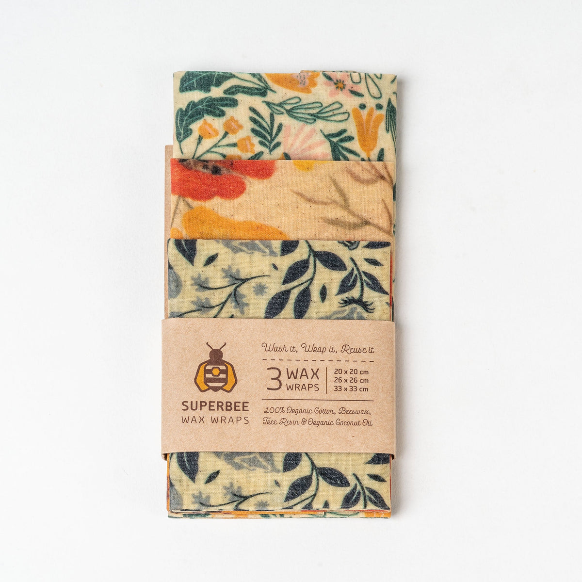 Routine Ready Essentials Beeswax Wraps 3-Pack Reusable Food Wraps, Floral Prints for daily home and personal routines with oral care