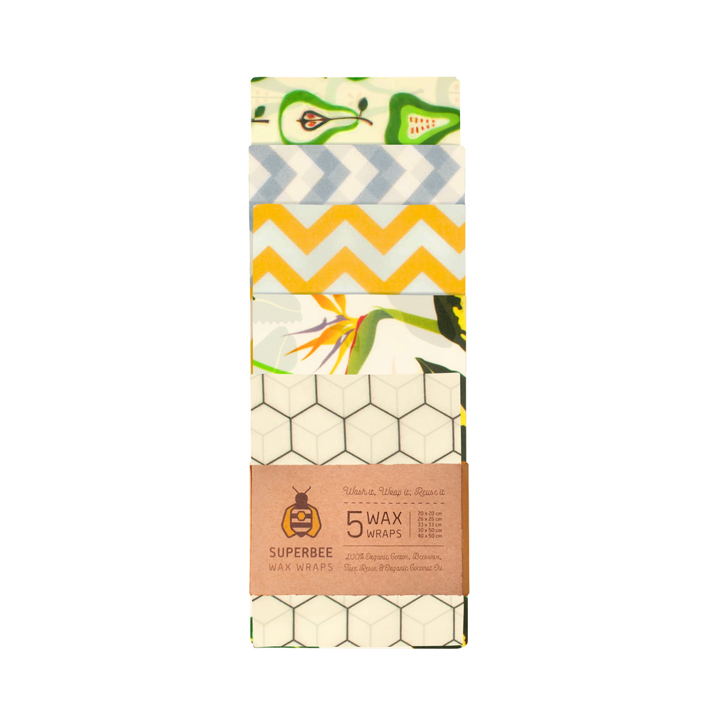 Everyday Home Essentials Beeswax Wraps 5-Pack Reusable Food Wraps, Mixed Prints for daily home and personal routines with pantry foods and beverages