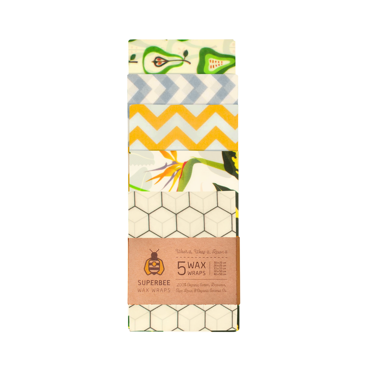 Everyday Home Essentials Beeswax Wraps 5-Pack Reusable Food Wraps, Mixed Prints for daily home and personal routines with pantry foods and beverages