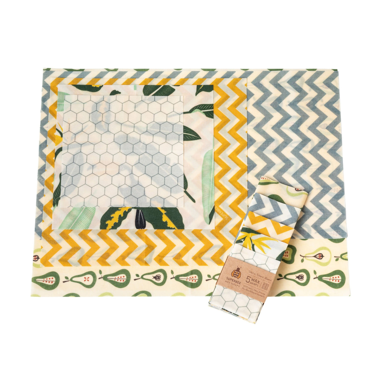 Essentials Beeswax Wraps – 5-Pack Reusable Food Wraps, Mixed Prints