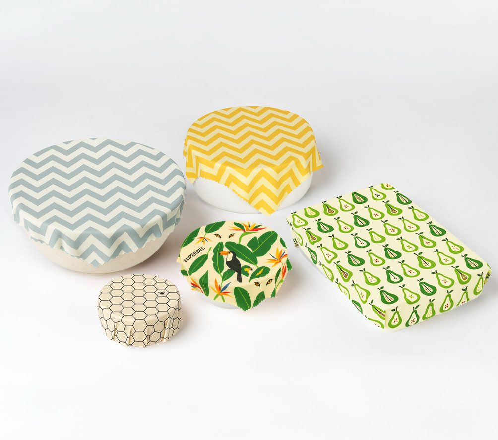 Everyday Home Essentials Beeswax Wraps 5-Pack Reusable Food Wraps, Mixed Prints for daily home and personal routines with pantry foods and beverages