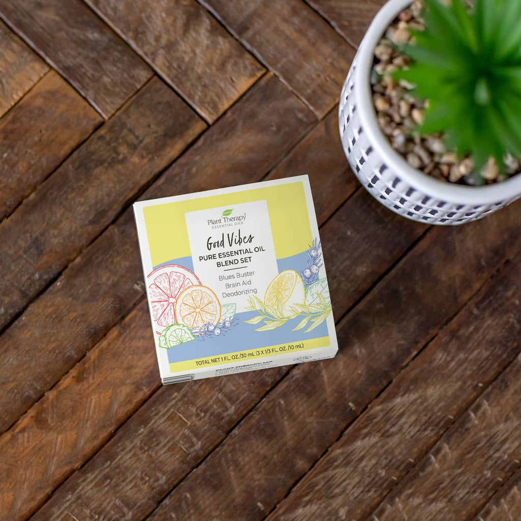 Practical Living Good Vibes Pure Essential Oil Blend Set for daily home and personal routines with pantry foods and beverages