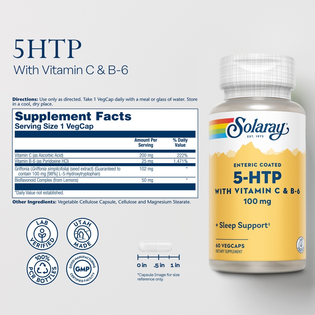 Practical Living 5-HTP EC-w Vit C and B6, 100 mg for daily home and personal routines with general everyday essentials