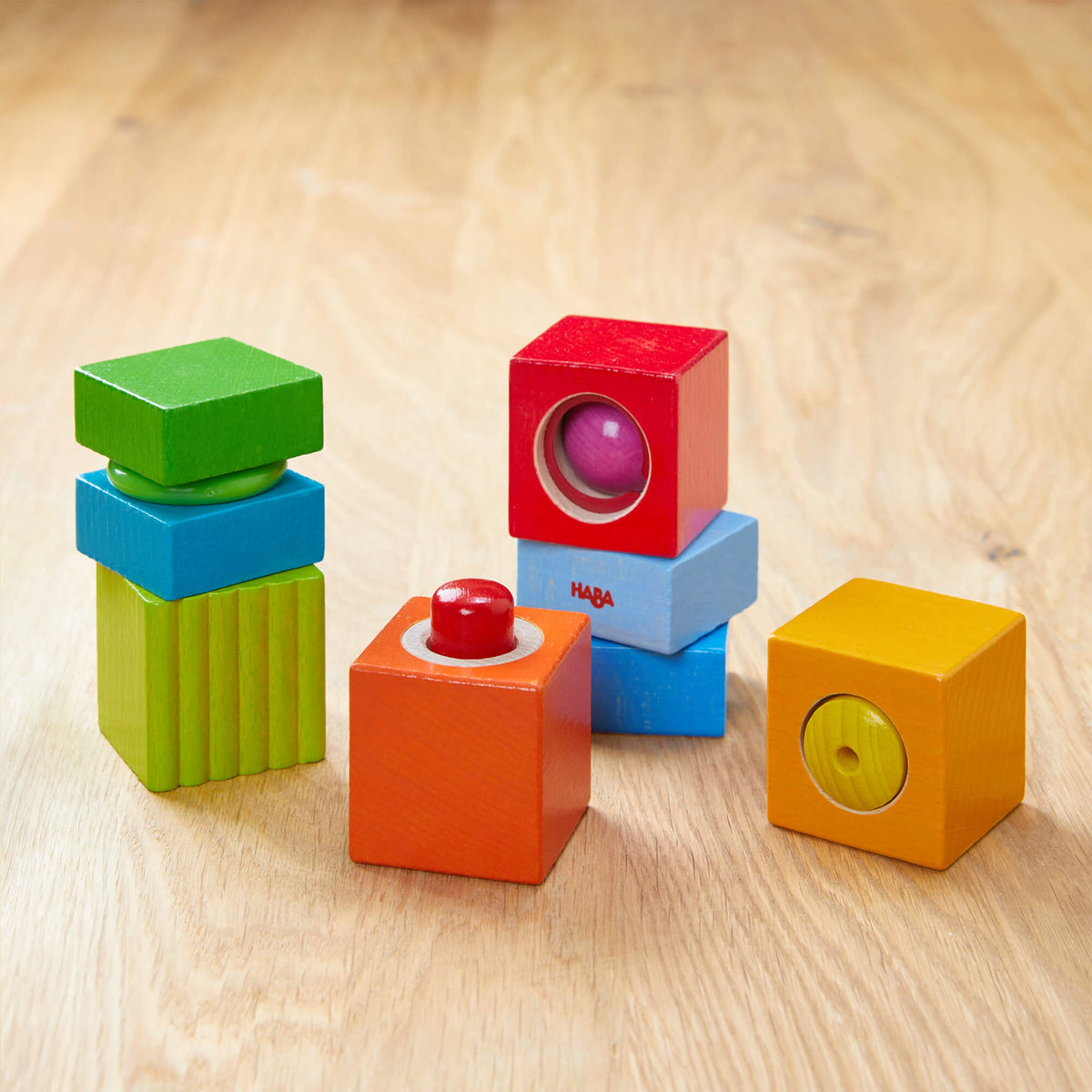 Daily Care Fun with Sounds - Wooden Discovery Blocks made from sustainably sourced wood for daily home and personal routines with baby care and kids products