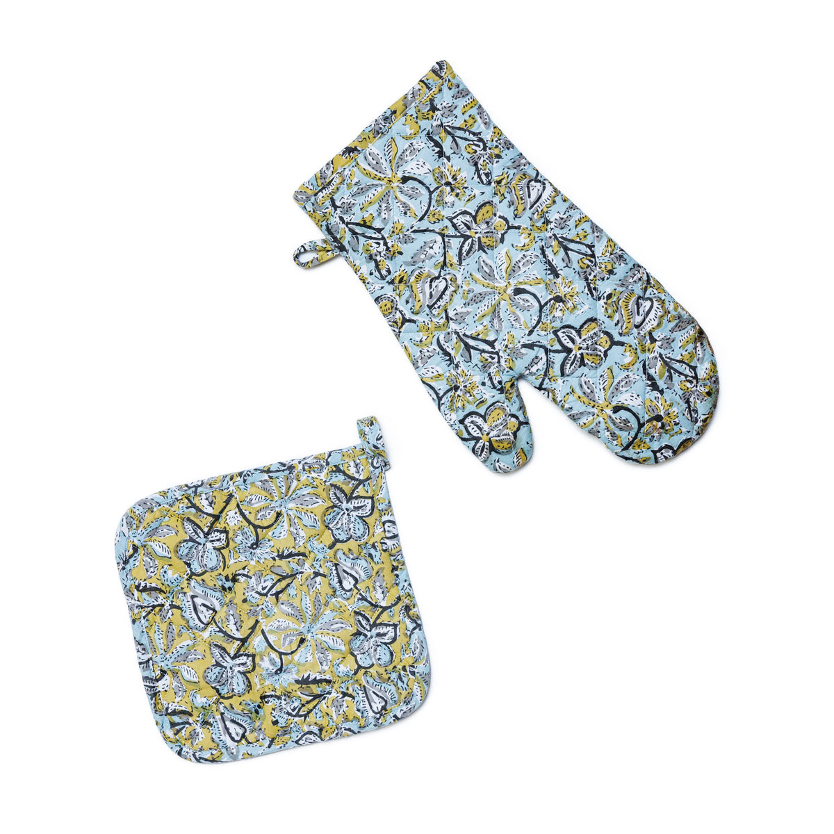 Hand Block Printed Ovenmitt And Pot Holder Set