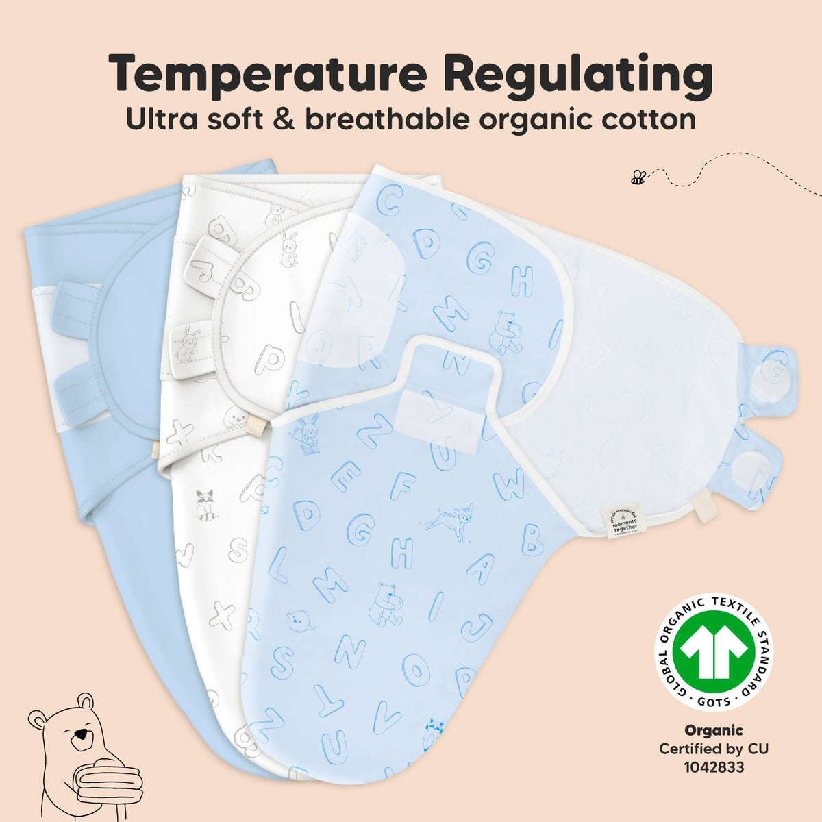 Practical Living GOTS Certified, fully Organic Cotton Soothe Swaddle Wraps, Set of 3 for daily home and personal routines with general everyday essentials