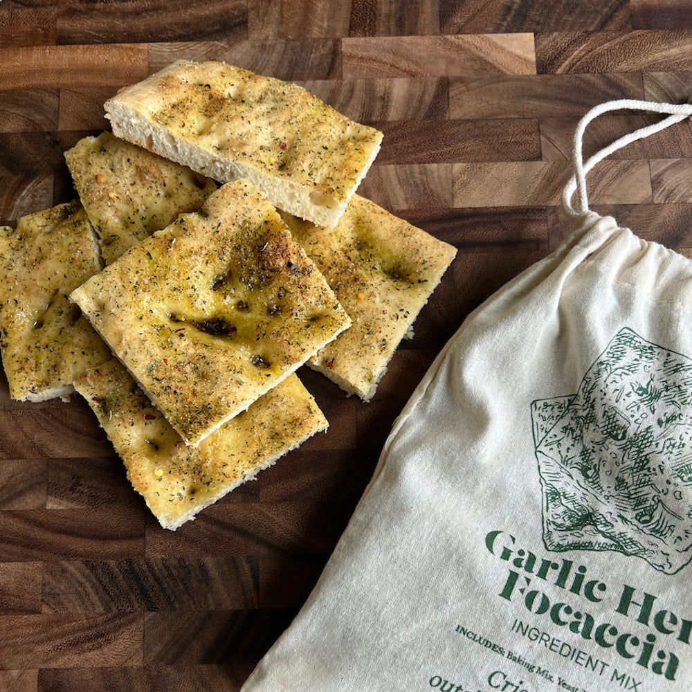 Practical Living Garlic Herb Focaccia Baking Mix for daily home and personal routines with pantry foods and beverages