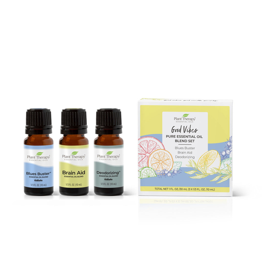 Practical Living Good Vibes Pure Essential Oil Blend Set for daily home and personal routines with pantry foods and beverages