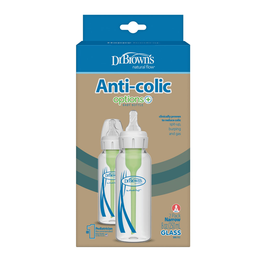 Glass Baby Bottle Natural Flow® Narrow Neck, Anti-Colic Options+™ with Level 1 Slow Flow Nipple